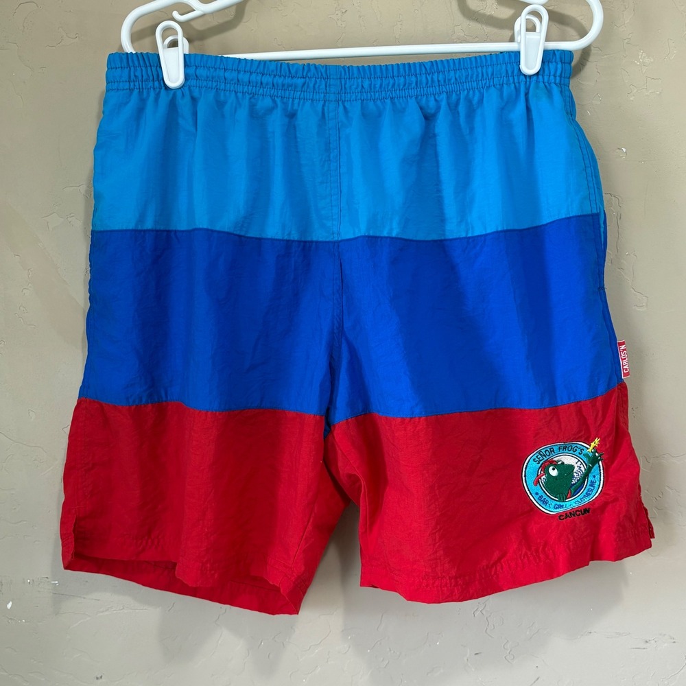 Vintage Carlos N' Charlie's Senor Frogs Cancun Color Block Swim Trunks Shorts XL